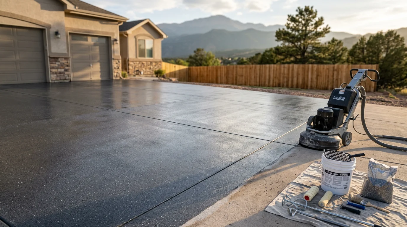 Professional concrete coating application on a residential garage floor in Colorado Springs