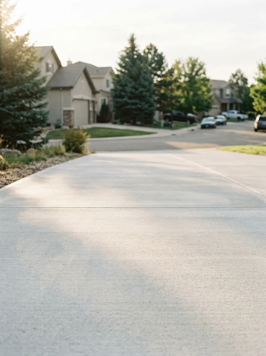 Hand troweled concrete overlay on a worn 1990s-era garage slab in Castle Pines, Colorado, showing a smooth restored surface with a sealed matte finish.
