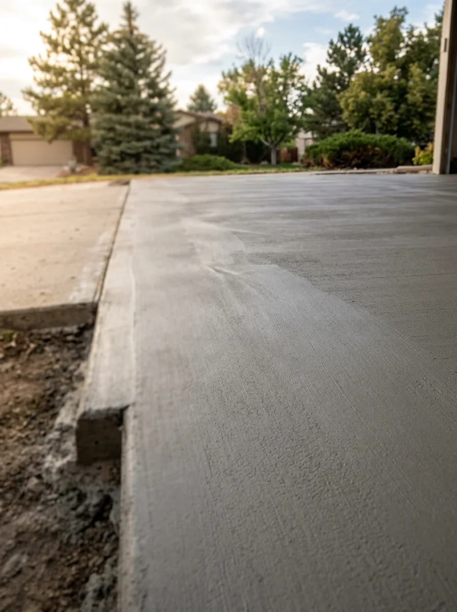 Close-up of a hand troweled concrete overlay applied to a spalled garage slab in a Colorado Springs residential neighborhood, showing a uniform resurfaced finish.