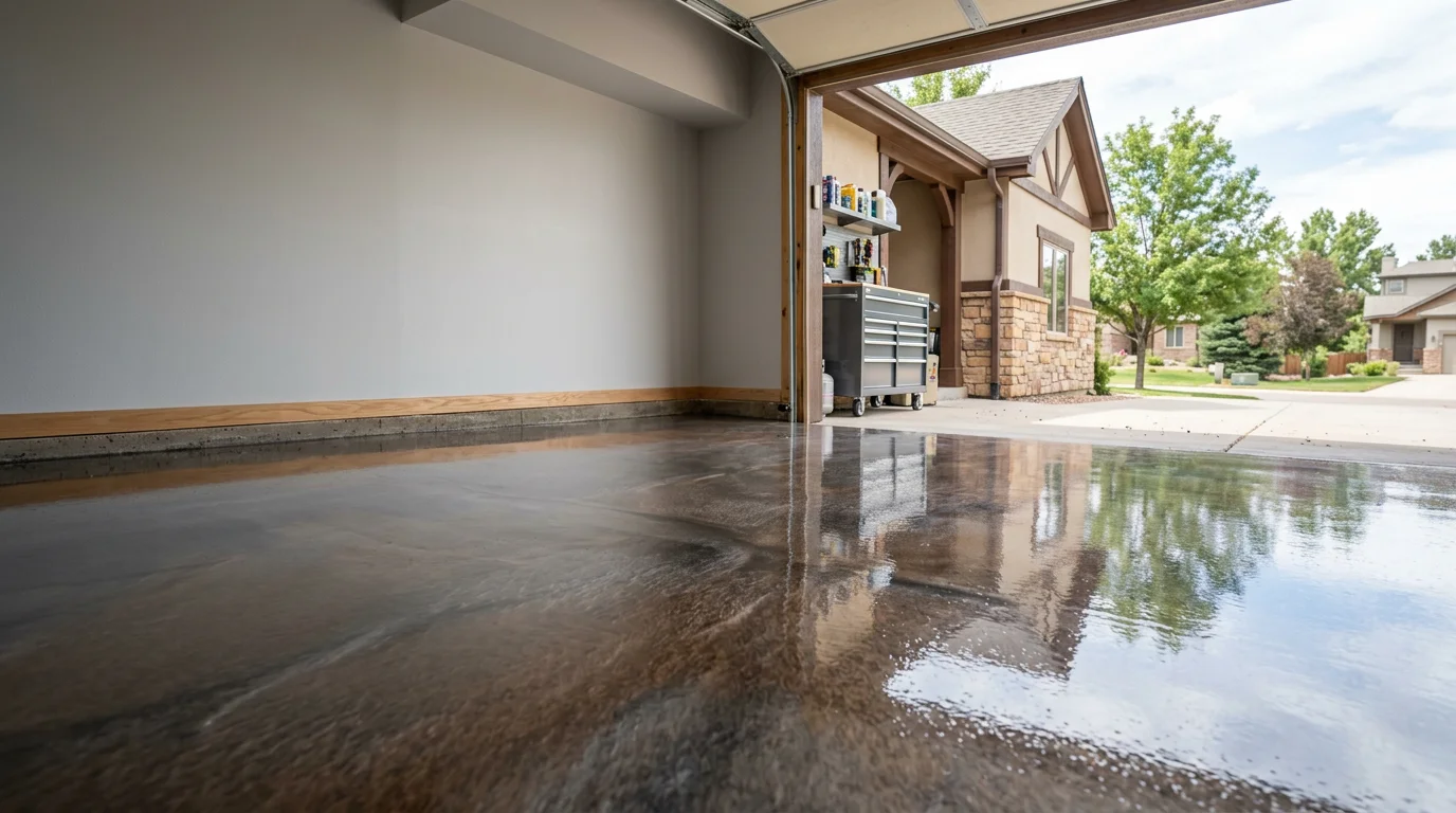 Freshly coated garage floor with metallic epoxy finish inside a Colorado Springs home, showing a smooth, sealed surface free of freeze-thaw scaling.