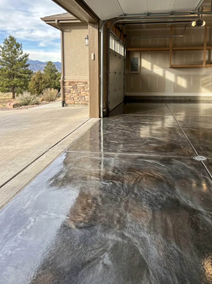 Garage floor with a metallic epoxy coating in a Monument, Colorado subdivision home, showing a high-gloss finish on a freshly prepared three-car garage slab.