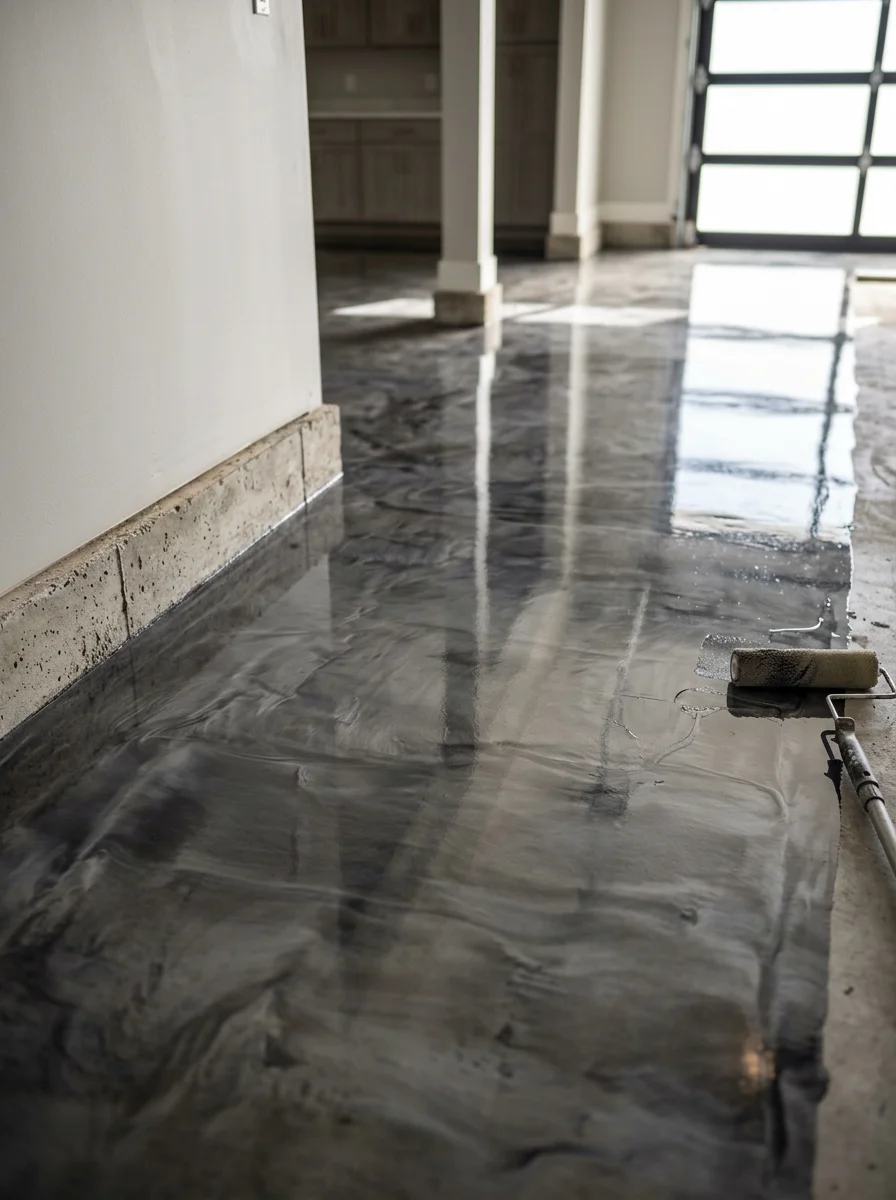 Metallic epoxy coating on a three-car garage floor in a custom home in The Pinery, Parker, Colorado, showing a high-gloss decorative finish on a large slab.