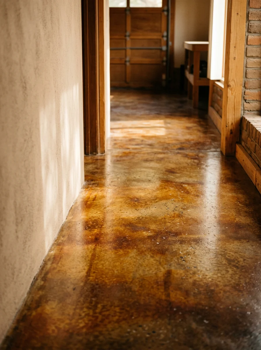 Interior garage floor with a custom stain and seal finish in a 1970s-era Pueblo home, showing rich color penetrating the aged concrete slab.
