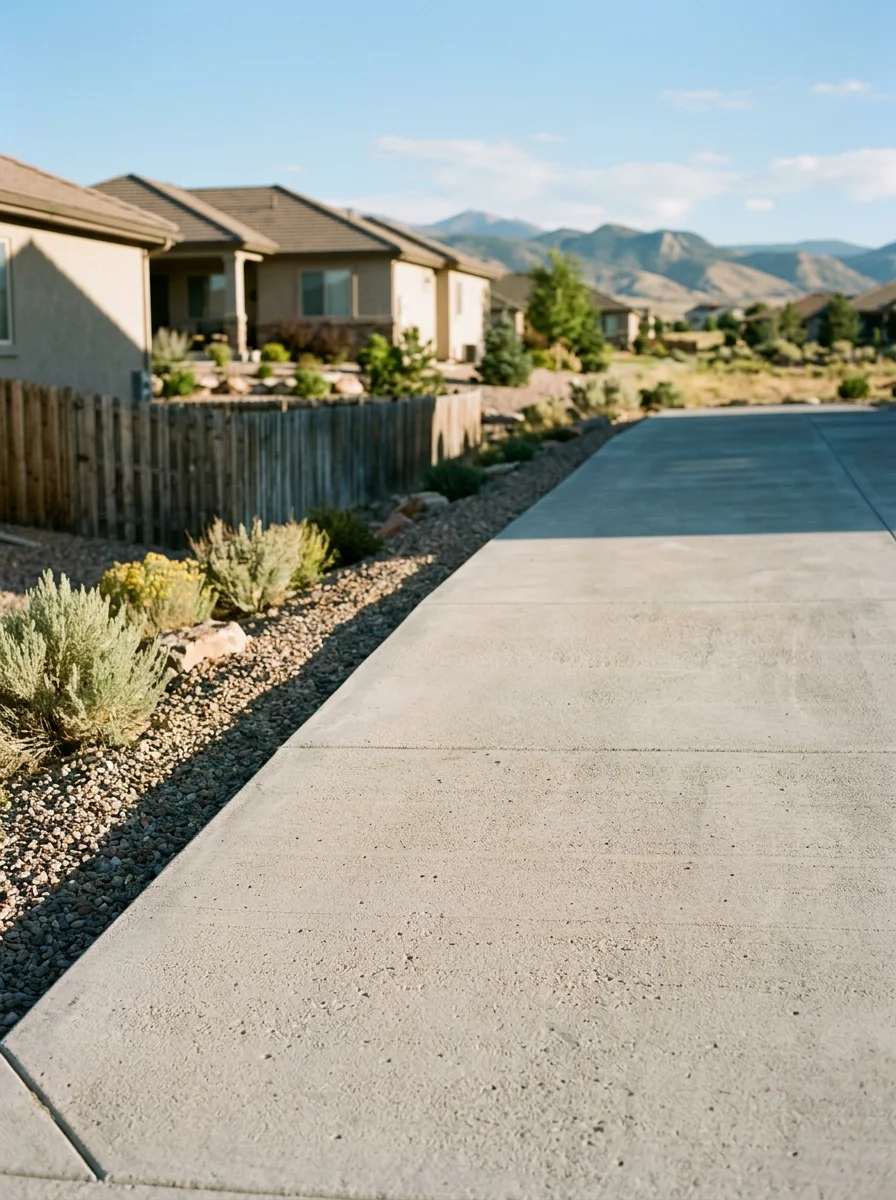 Exterior concrete driveway on a one-acre Pueblo West property with a broom finished overlay applied over worn original concrete, showing a clean uniform surface.