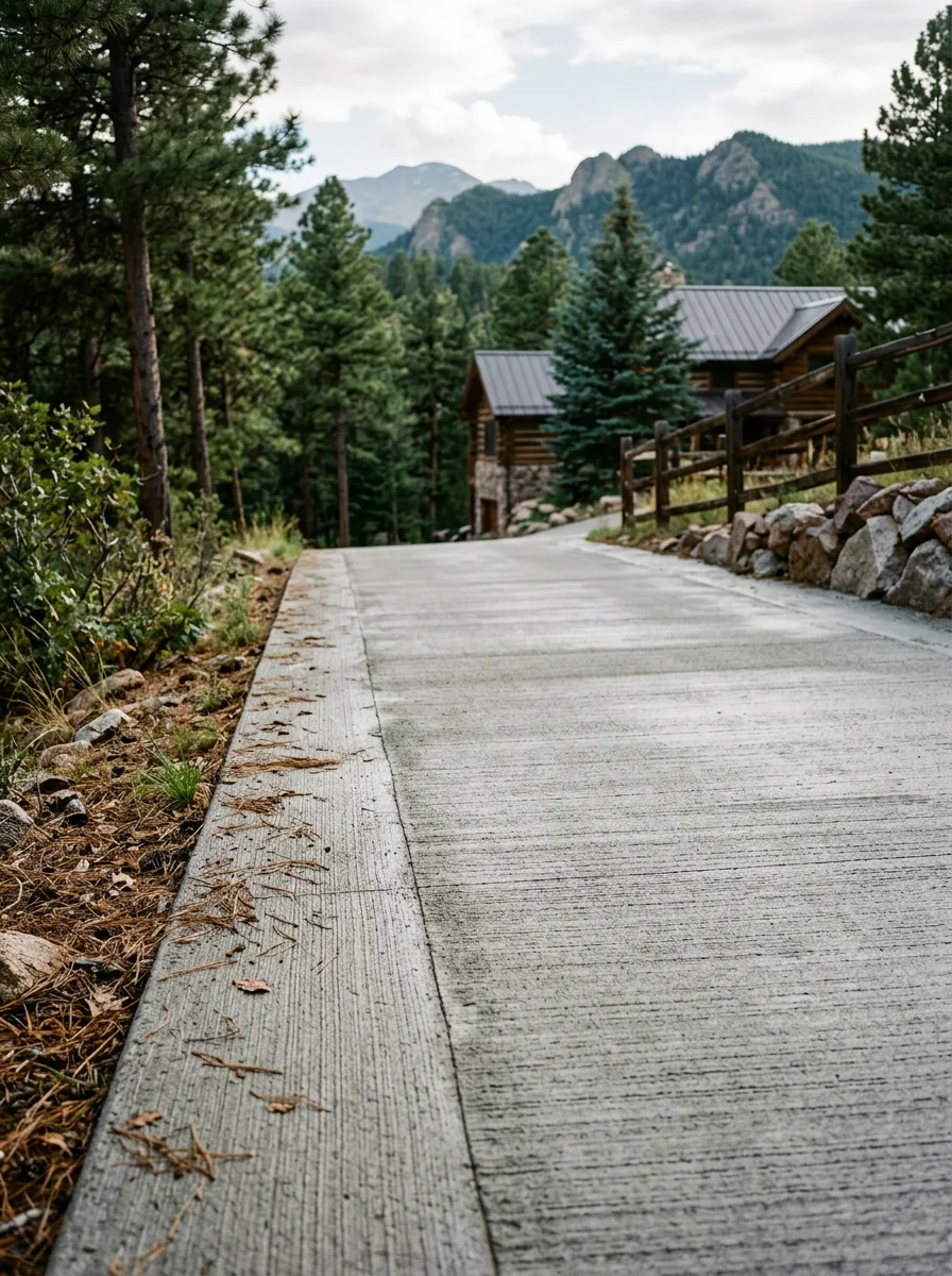 Broom finished concrete overlay on a sloped driveway in Woodland Park, Colorado, showing a textured resurfaced surface designed for traction on an alpine property.