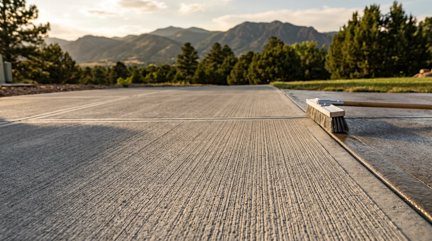 A freshly applied broom finished concrete overlay on a residential driveway in Colorado Springs, showing uniform linear texture across the full surface. The resurfaced concrete runs from the garage apron to the street, with clean edges and consistent broom lines throughout.