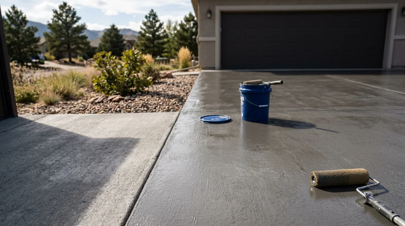 A freshly coated garage floor in a Colorado Springs home showing a smooth, decorative finish with a flake texture pattern. The coating covers the full slab surface and reflects overhead lighting cleanly.