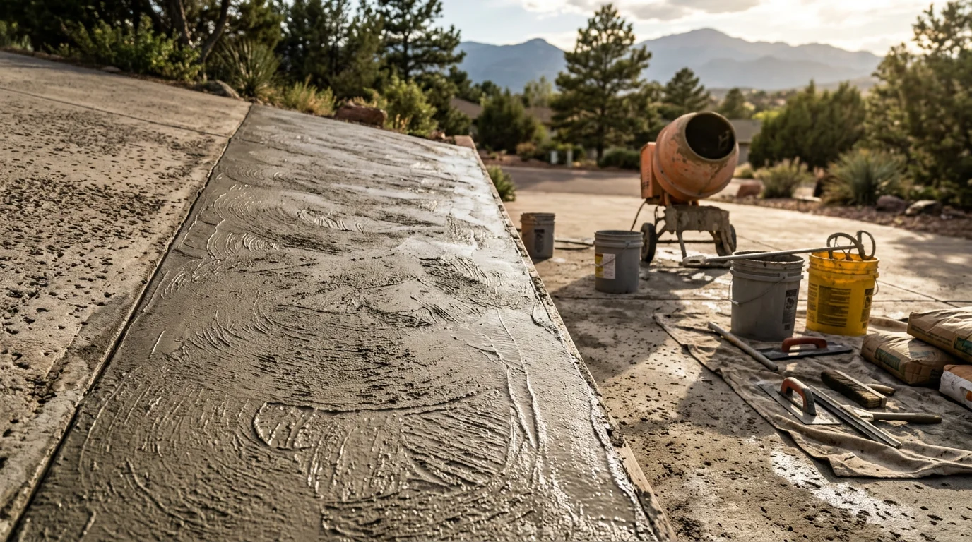 A freshly applied decorative concrete overlay on a residential driveway in Colorado Springs, showing a smooth, sealed surface covering previous spalling and discoloration. The finished slab contrasts with the worn edges of the original concrete visible at the border.