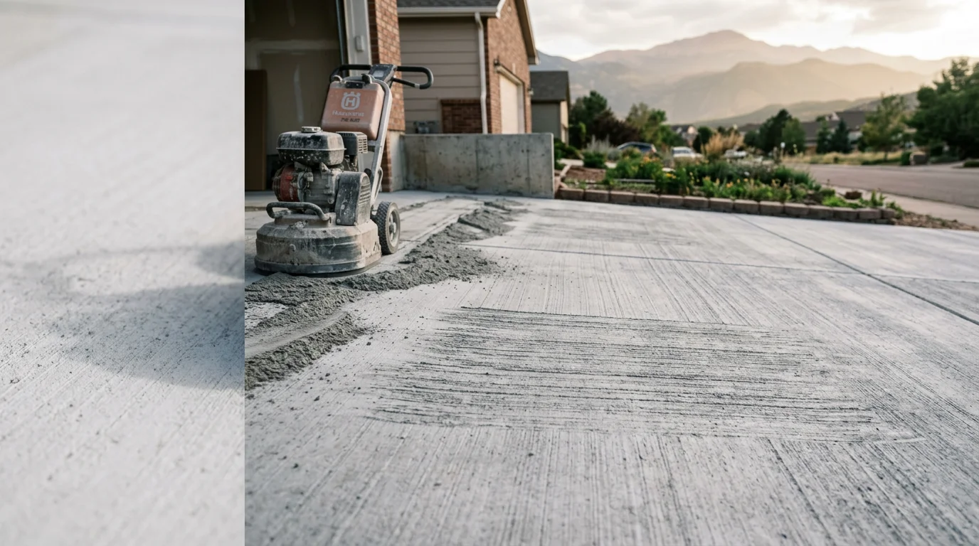 A freshly resurfaced residential driveway in Colorado Springs with a smooth decorative coating applied over the existing concrete slab. The finished surface shows clean edges and an even color, with the Rocky Mountain foothills visible in the background.