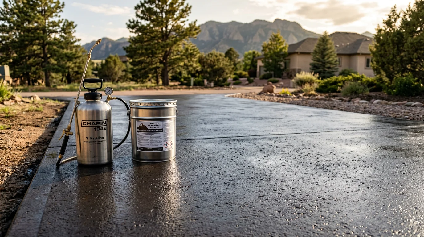 A freshly sealed concrete driveway in Colorado Springs with a clean, even finish reflecting the surrounding mountain landscape. The surface shows no cracking or staining, with crisp edges along the garage approach.