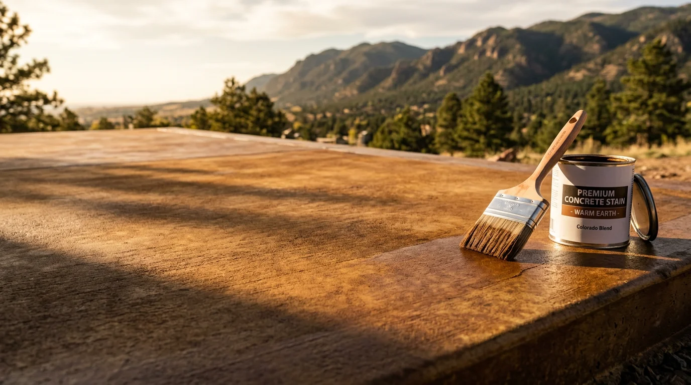 A freshly stained concrete patio with warm earth-tone color outside a Colorado Springs home, showing a smooth sealed surface ready for outdoor use. The decorative stain finish extends across the full slab with even color and a low-sheen protective topcoat.