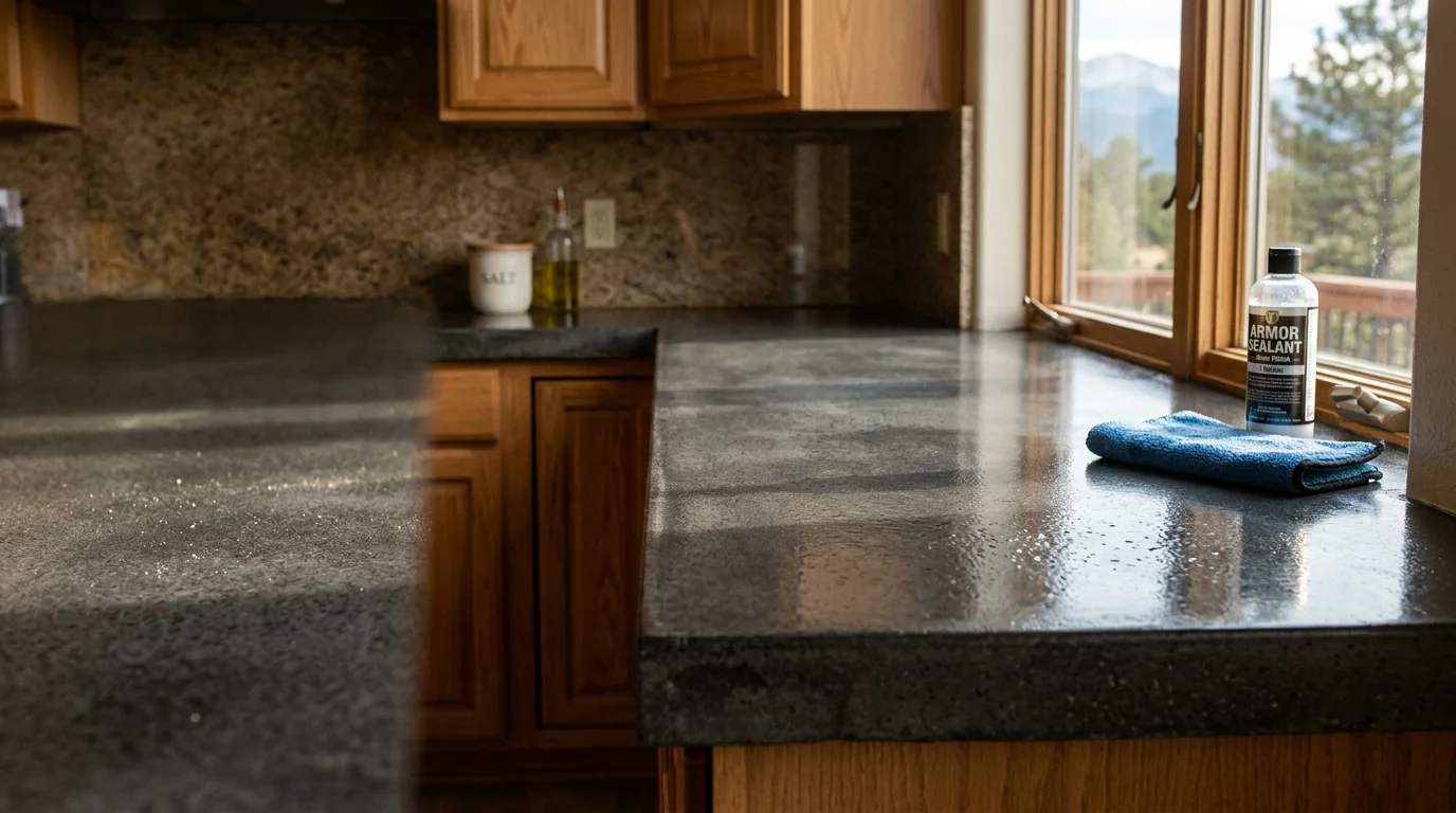 A sealed decorative concrete countertop in a Colorado Springs kitchen showing a smooth, even finish with water beading on the surface. The countertop runs along a residential kitchen with natural light highlighting the protective coating applied by XBOC Custom Coatings.