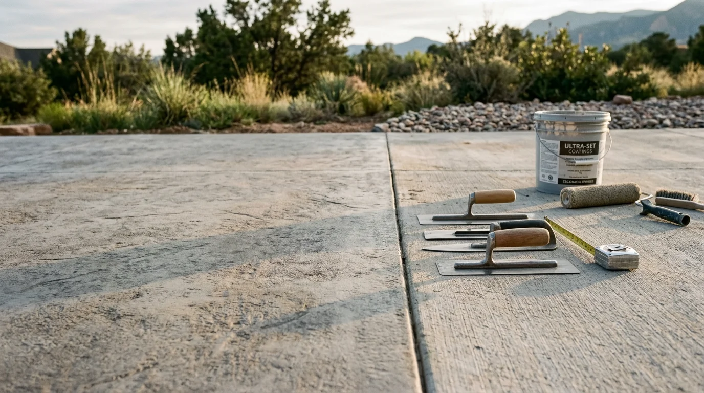 A freshly resurfaced concrete patio with a textured decorative finish outside a Colorado Springs home, showing clean edges and a uniform custom coating across the full surface.