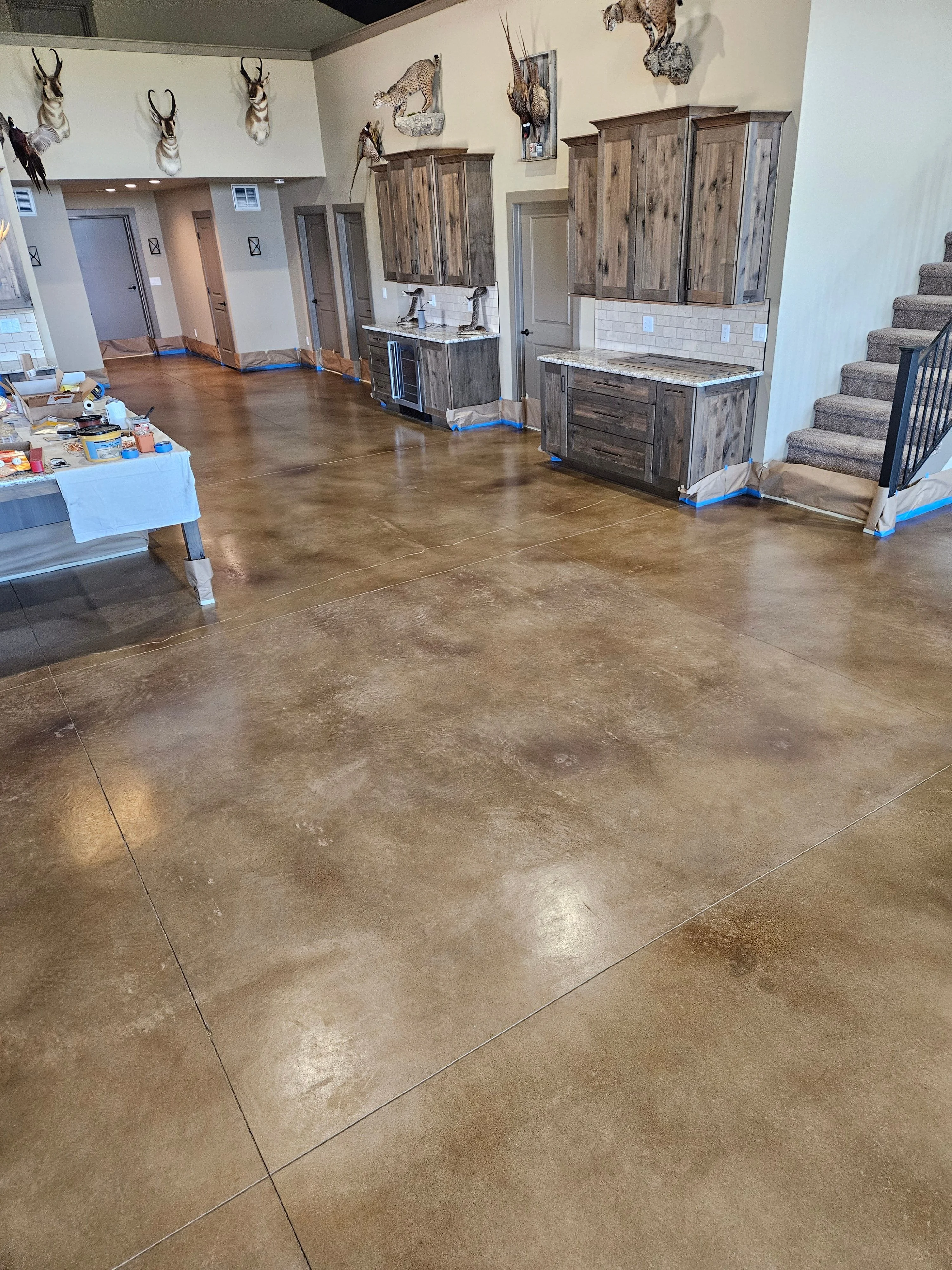 A freshly stained and sealed concrete patio in Colorado Springs showing rich earth-tone color with a smooth, low-sheen protective finish. The surface is clean and even, set against a residential backyard with Colorado mountain foothills visible in the background.