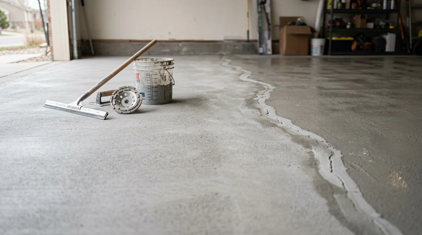 Finished epoxy floor coating on a residential garage slab in Colorado Springs, showing a smooth, sealed surface with a decorative flake finish. The floor is clean and reflects overhead lighting, with the garage door open to the Colorado Front Range landscape outside.