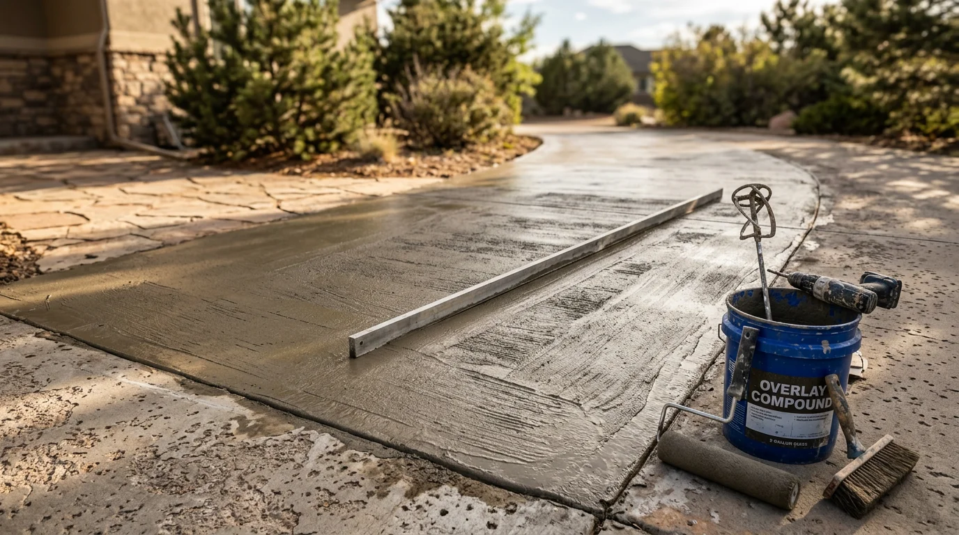A resurfaced residential driveway in Colorado Springs showing a decorative exterior concrete overlay with textured finish applied over an existing slab. The surface shows even color and clean edges against a typical Colorado front yard setting.