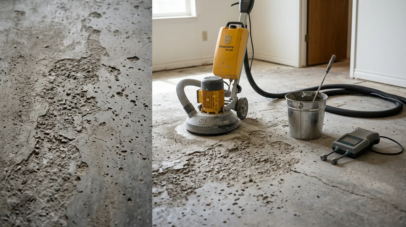 Close-up of a repaired concrete floor surface in a Colorado Springs home, showing a smooth, restored finish where cracking and spalling had previously been visible. The repair blends with the surrounding floor in a residential interior setting.