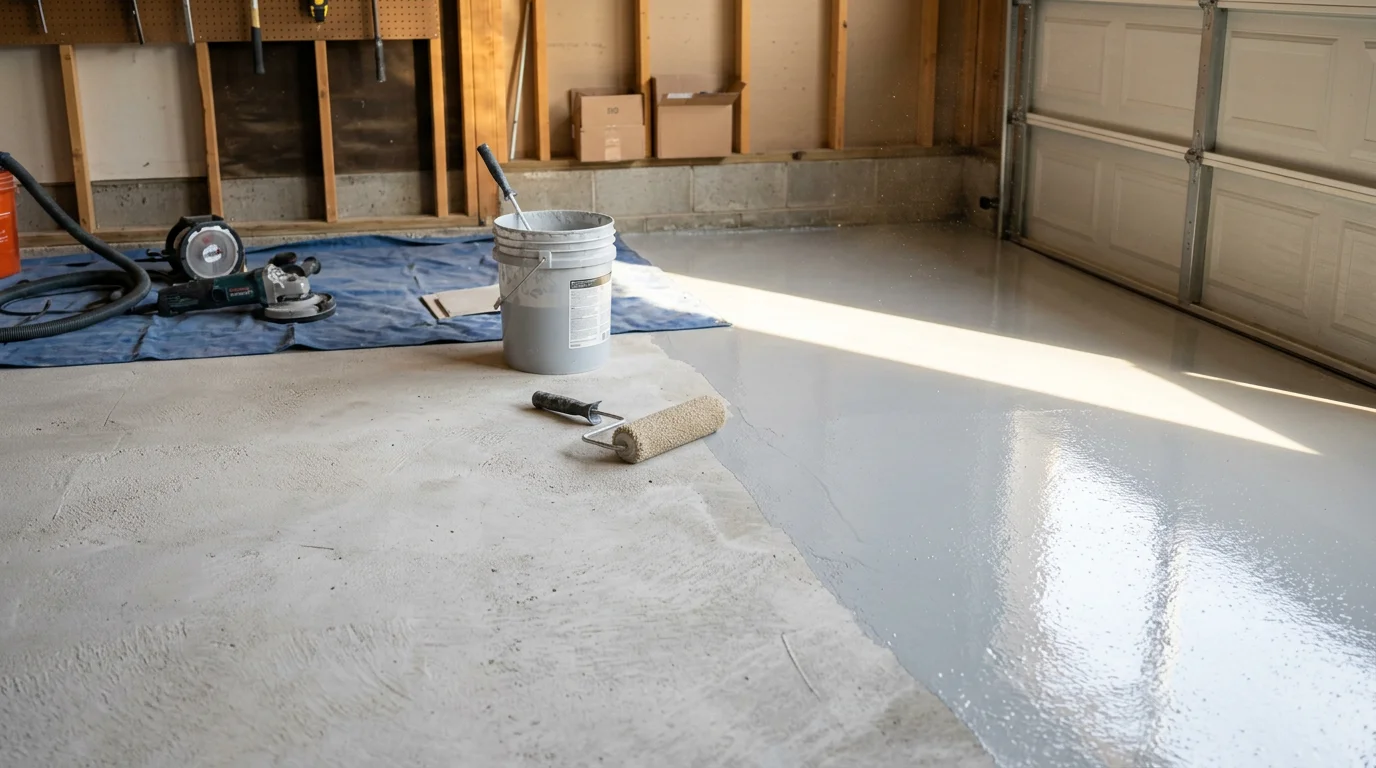 A freshly coated concrete garage floor in a Colorado Springs home, showing a smooth, glossy decorative surface free of cracks and stains. The coated slab reflects overhead lighting and shows a uniform finish across the full floor area.
