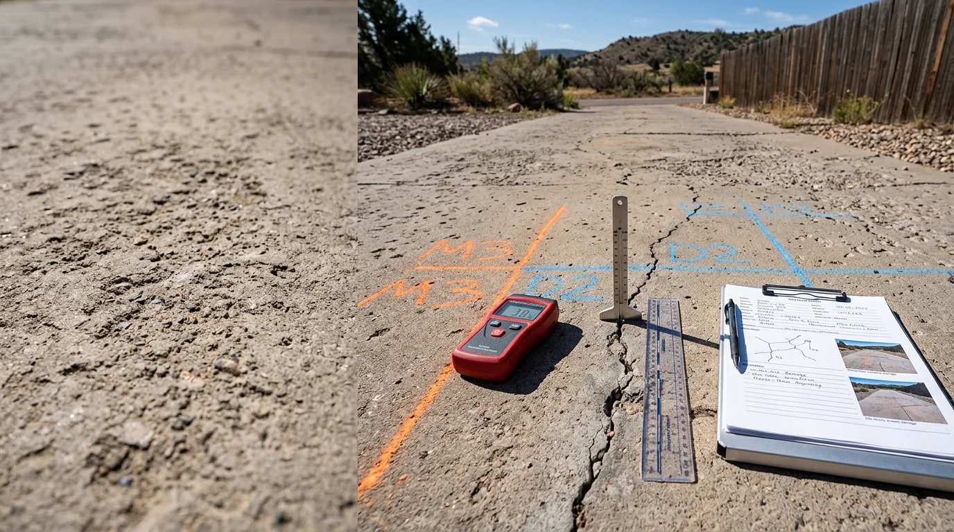 An XBOC Custom Coatings estimator reviewing a worn concrete patio surface at a Colorado Springs home. The inspector examines surface cracking and wear typical of the region's high-altitude freeze-thaw climate.