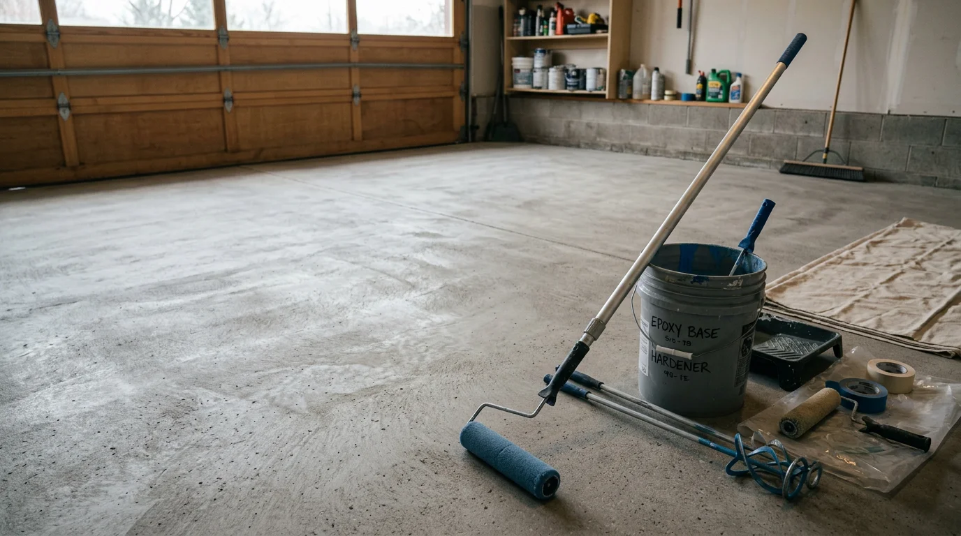 A finished decorative concrete coating on a residential garage floor in Colorado Springs, showing a smooth, clean surface with a flake finish inside a two-car garage. The coated floor reflects overhead lighting and shows no staining or surface damage.