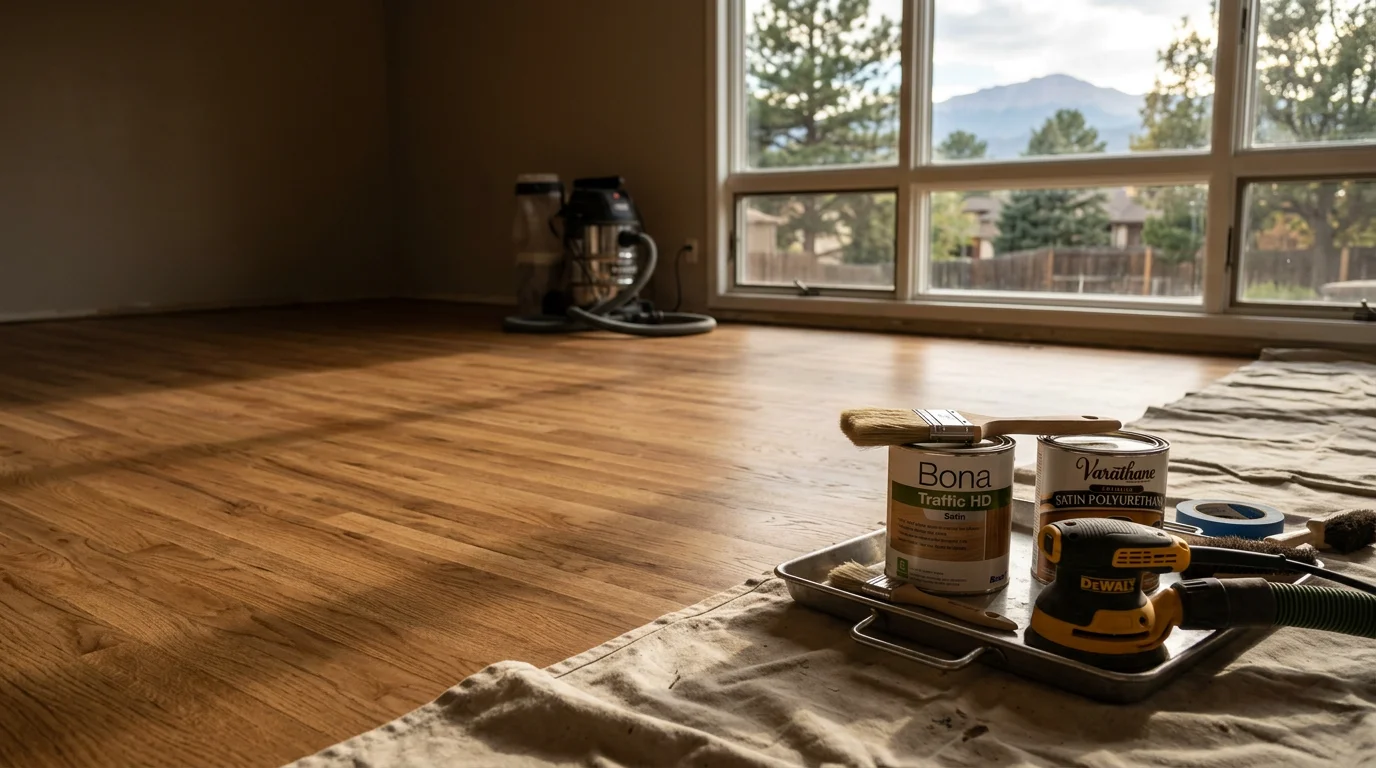 Freshly refinished solid hardwood floor inside a Colorado Springs home, showing an even, smooth surface with restored natural wood grain. The floor runs through a sunlit living area with no visible scratches, fading, or worn finish patches.