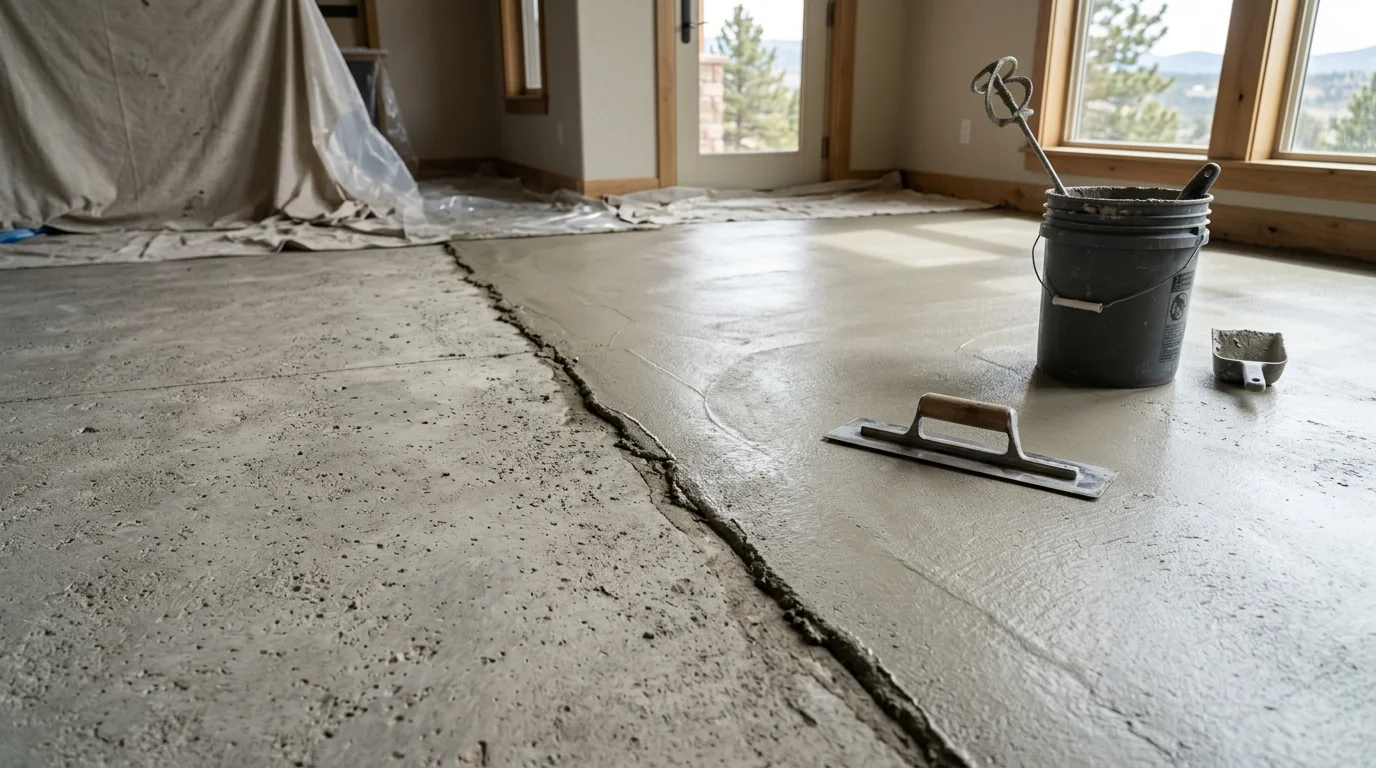 A freshly applied interior concrete overlay on a residential basement floor in Colorado Springs, showing a smooth, even surface with a decorative stone-look finish. The floor transitions from worn gray concrete to a clean, sealed coating ready for daily use.