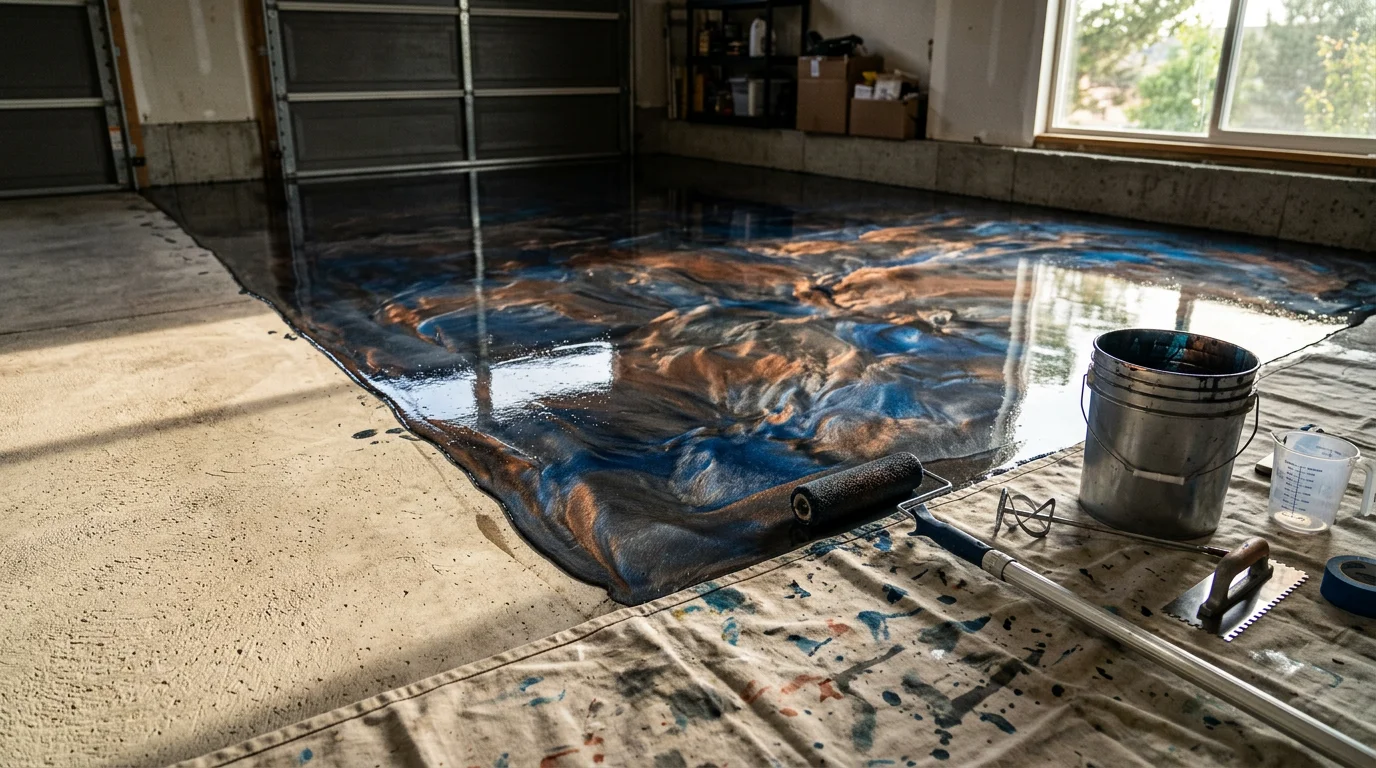 A high-gloss metallic epoxy garage floor in Colorado Springs showing a swirling three-dimensional finish in deep gray and silver tones. The seamless coating covers the full concrete slab of a residential garage with bright overhead lighting reflecting off the surface.