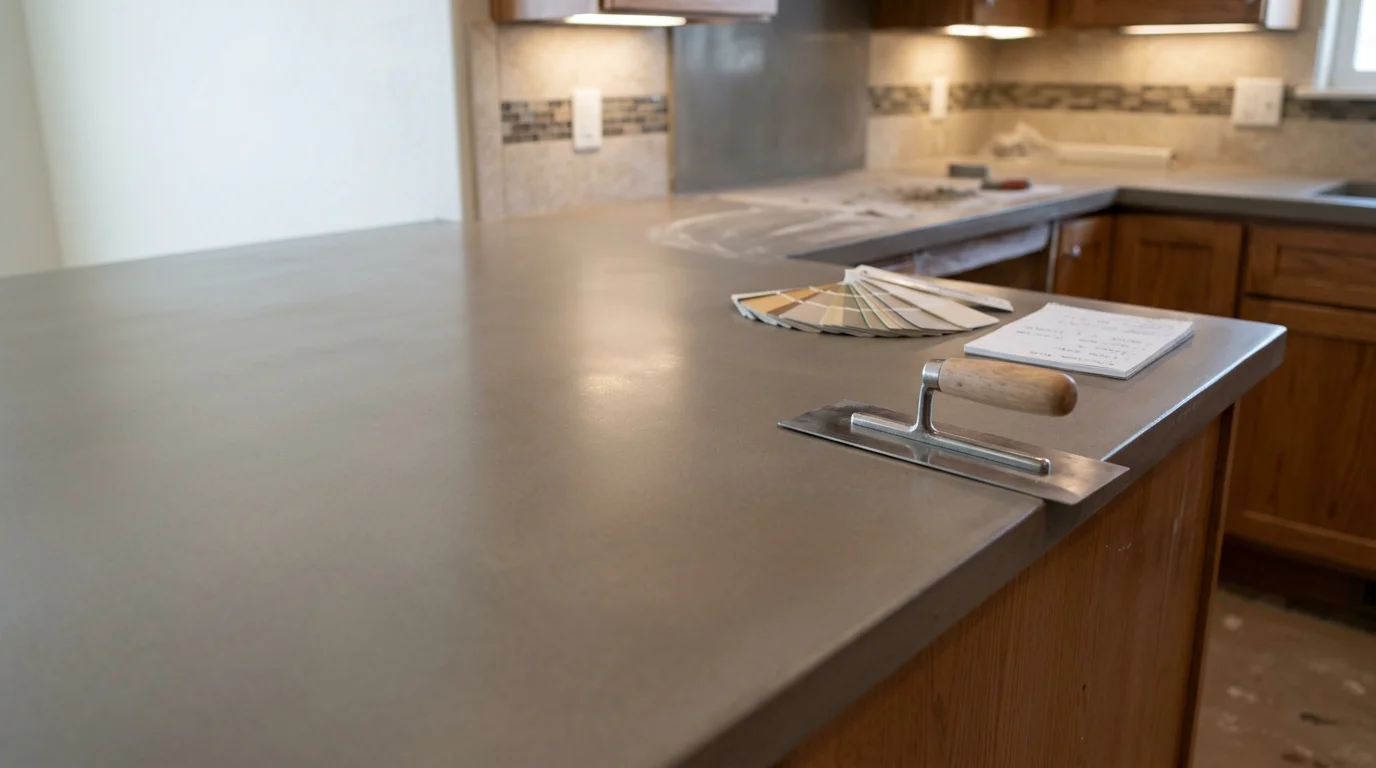 Resurfaced kitchen countertop with a smooth decorative concrete coating finish in a Colorado Springs home. The surface shows an even color and clean edges over an existing countertop base.